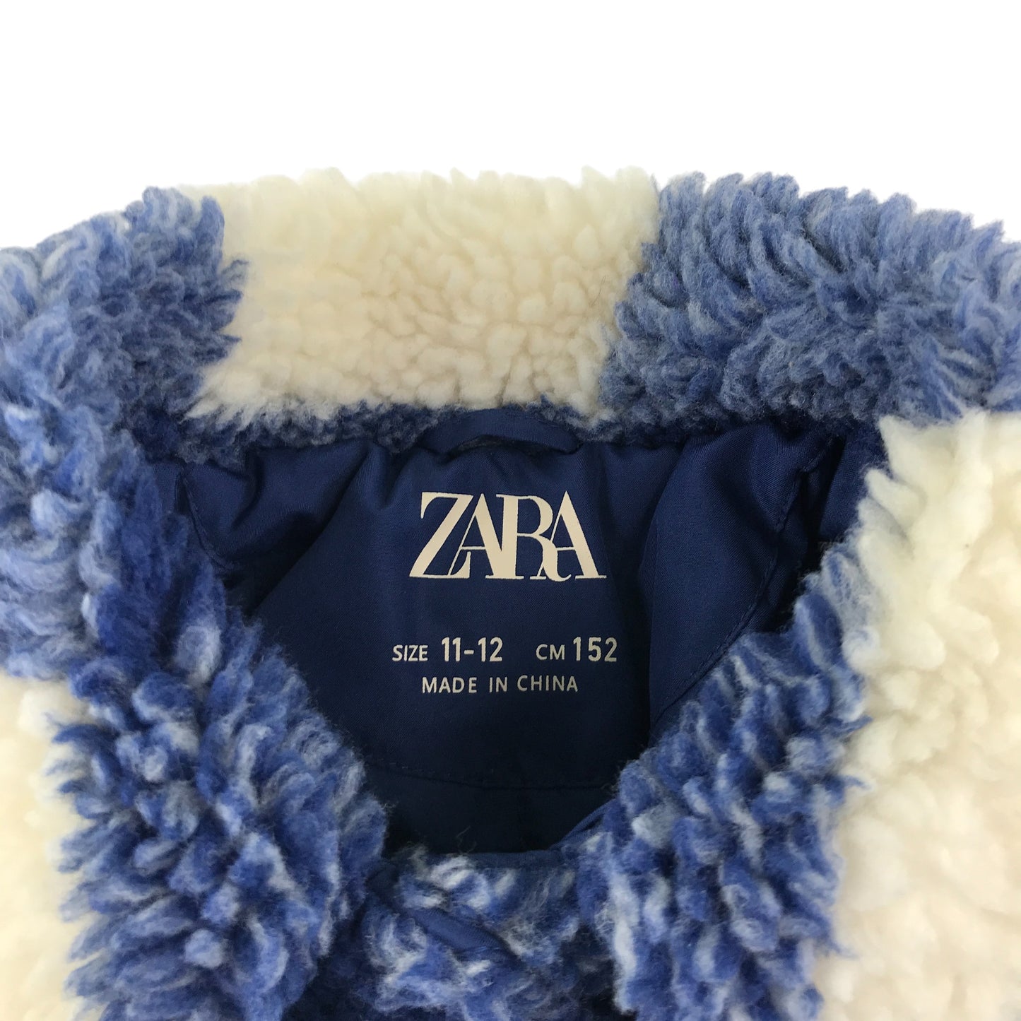 Zara coat 11-12 years blue and white two tone checked fuzzy faux fur