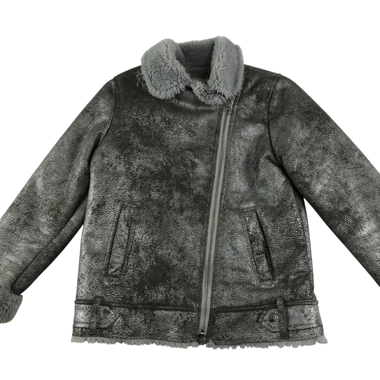 Catimini coat 5-6 years grey rustic colour with faux fur collar and wrists