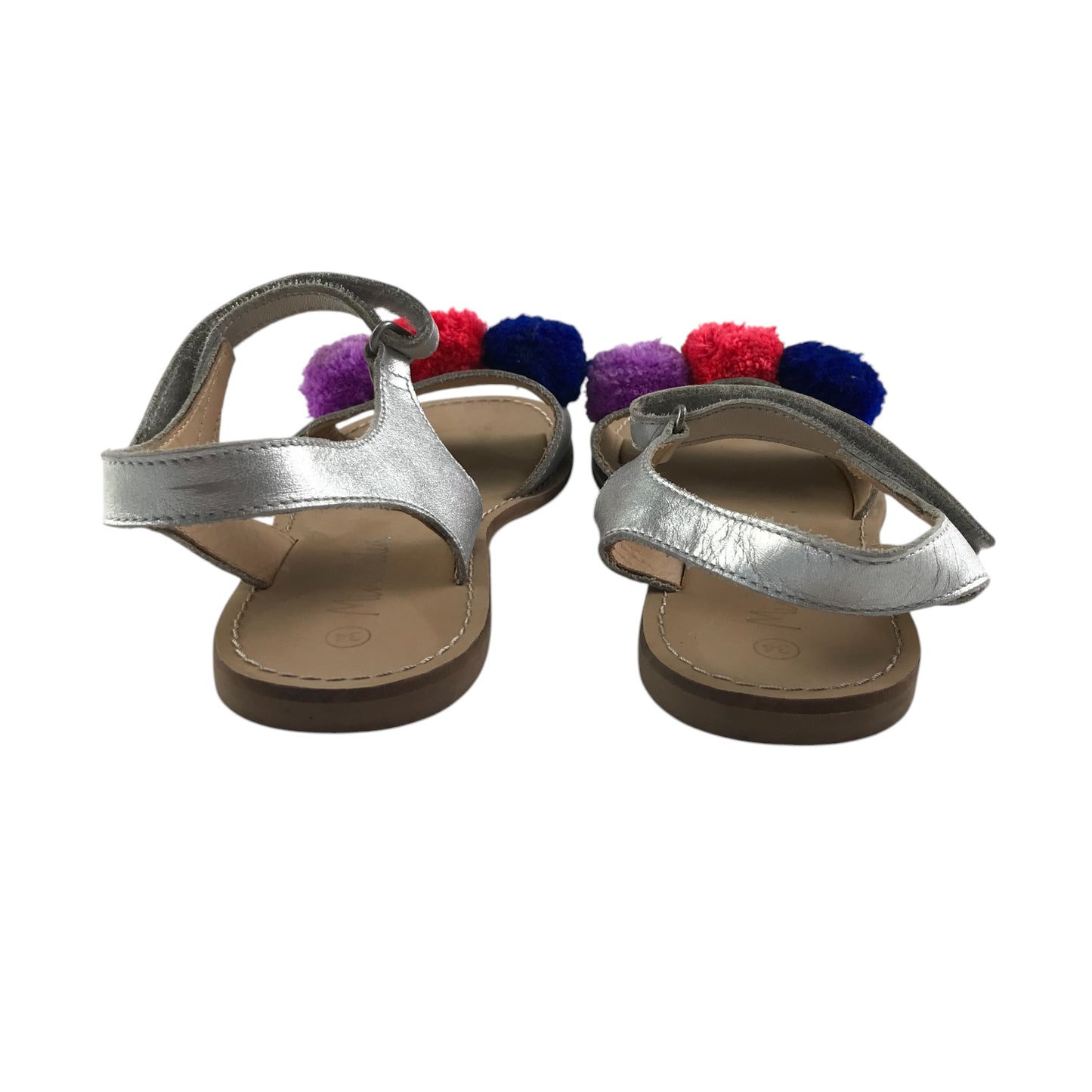 Mini Boden sandals shoe size 2 silver straps with fluffy pom pom