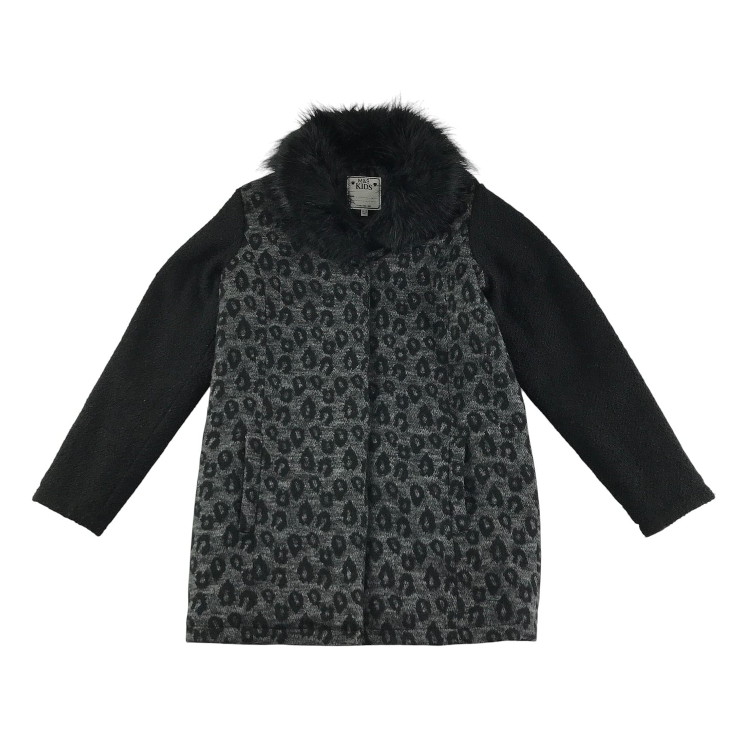 M&S coat 11-12 years black and grey animal print detachable faux fur collar