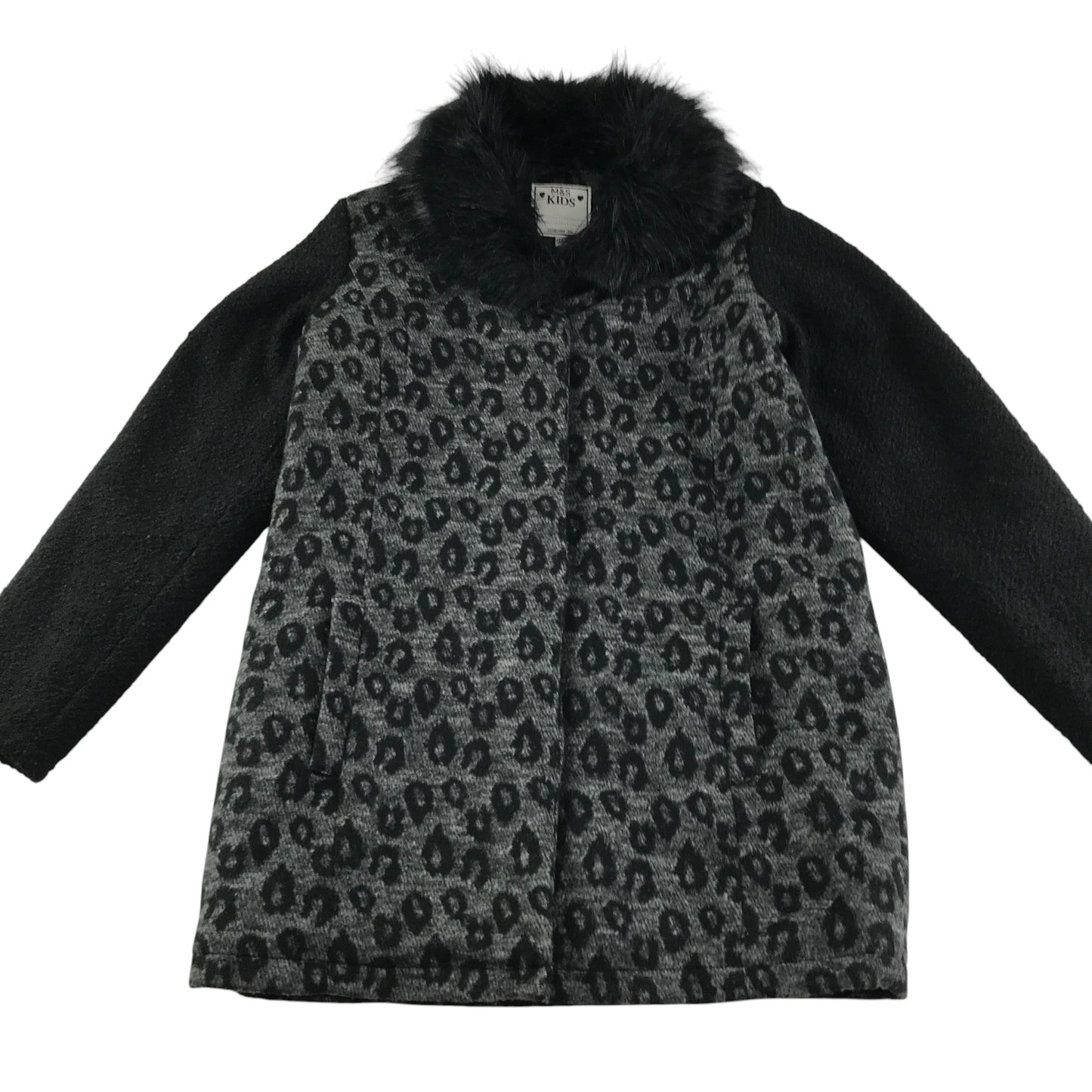 M&S coat 11-12 years black and grey animal print detachable faux fur collar