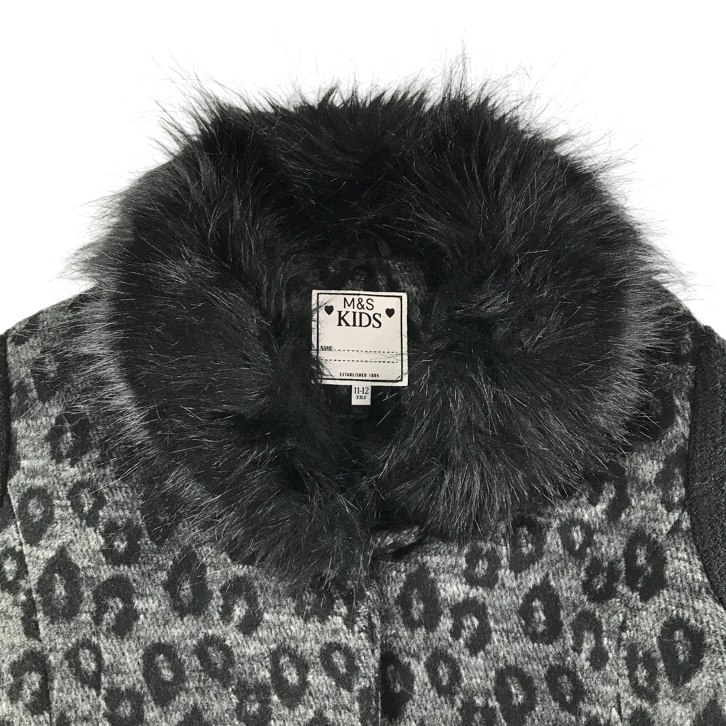 M&S coat 11-12 years black and grey animal print detachable faux fur collar