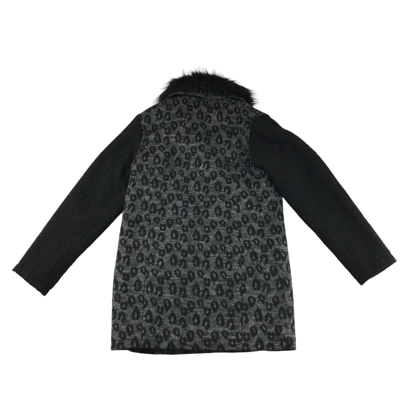 M&S coat 11-12 years black and grey animal print detachable faux fur collar