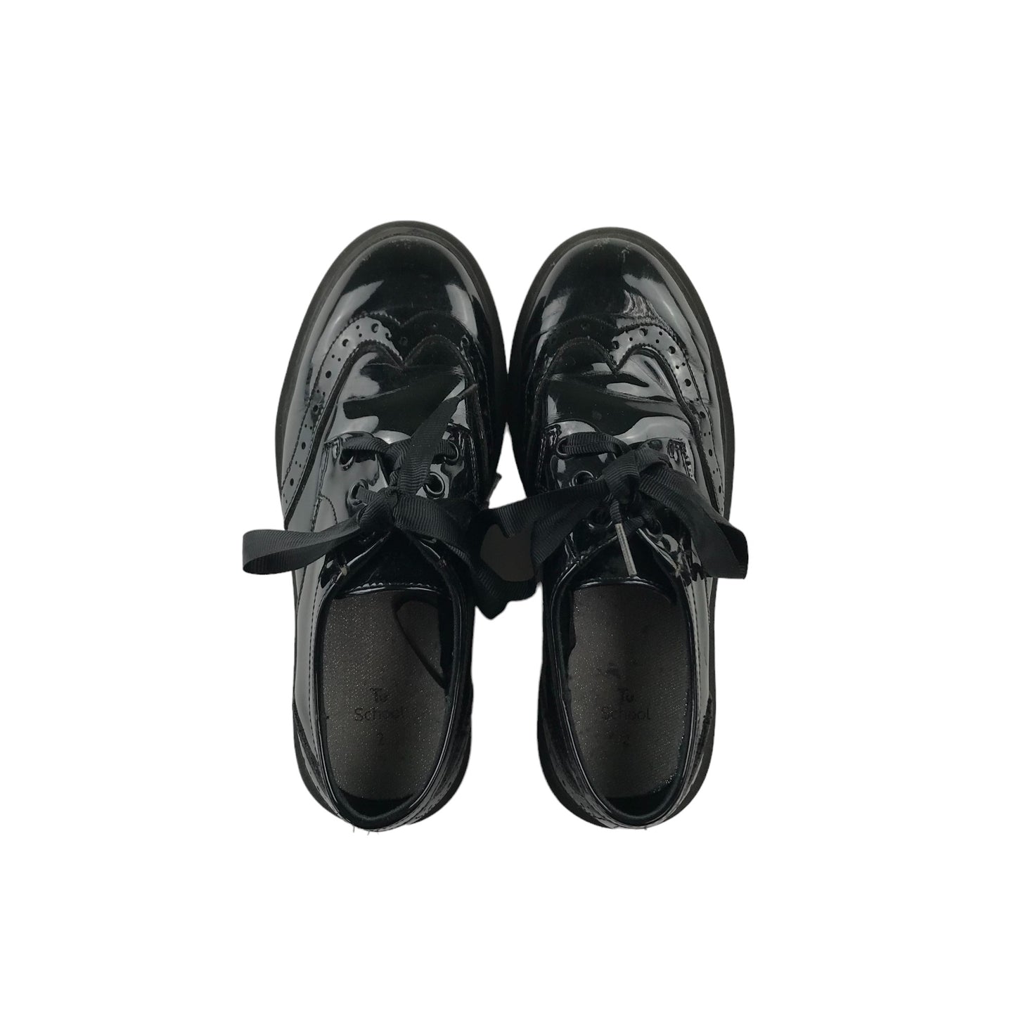 Tu School Brogue Shoe Size 2 Black Glossy with Ribbon Like Laces