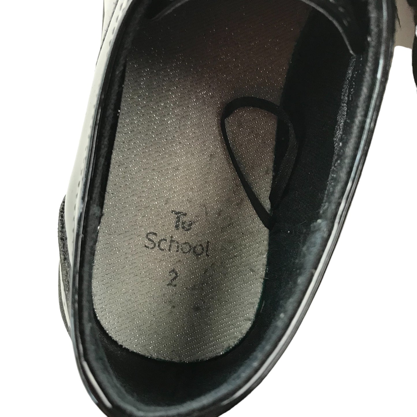 Tu School Brogue Shoe Size 2 Black Glossy with Ribbon Like Laces