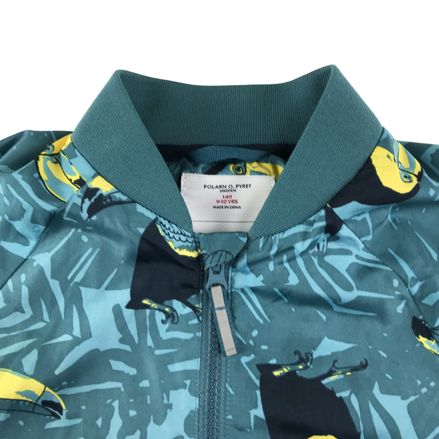 Polarn O Pyret Bomber Jacket 9-10 Years Turquoise with Toucan Palm Print