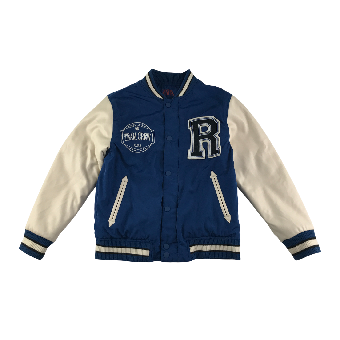 Zara Baseball Jacket 8-9 Years Blue with Embroidered Text Logos
