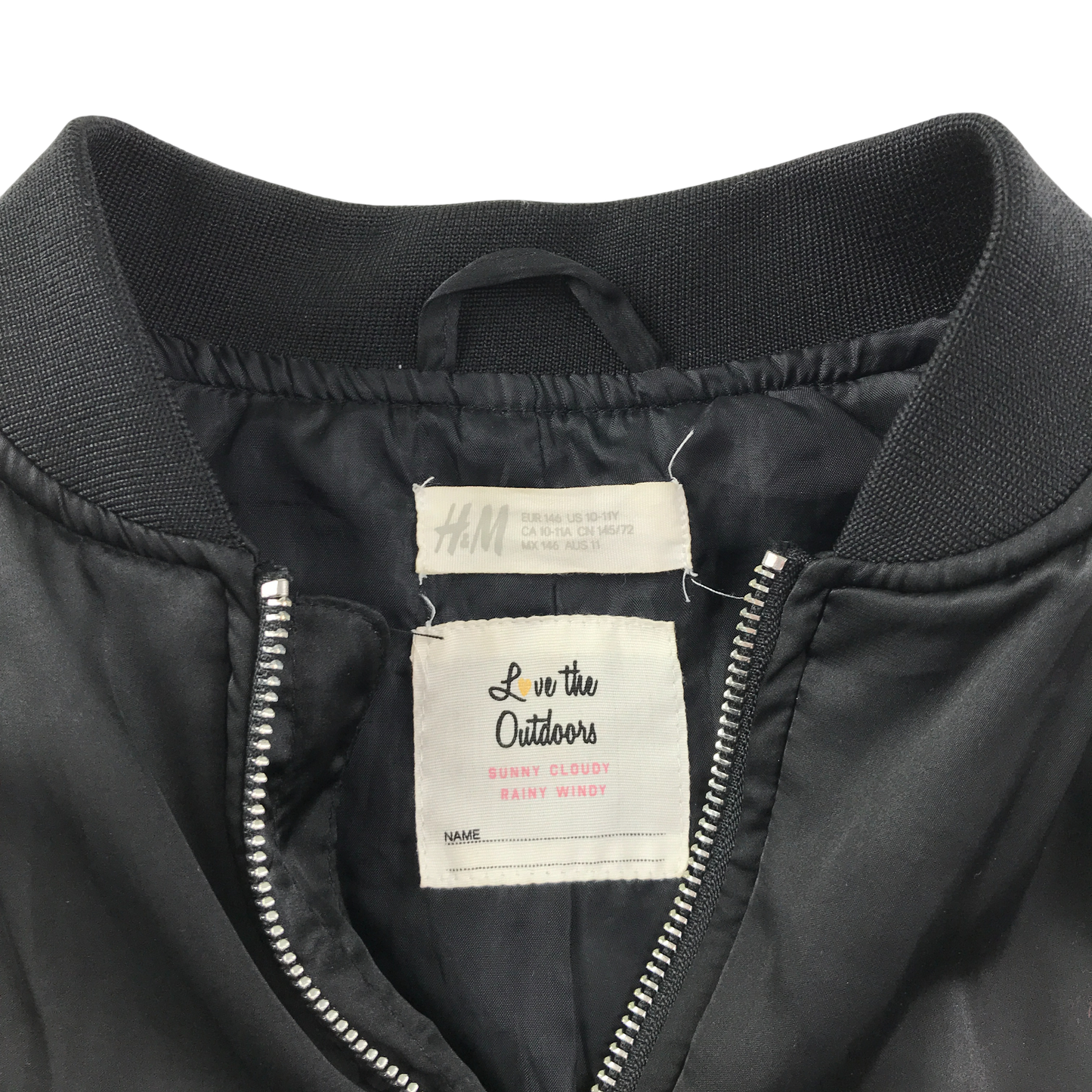 H&M Bomber Jacket 10-11 Years Black with Sleeve Stitch Detail