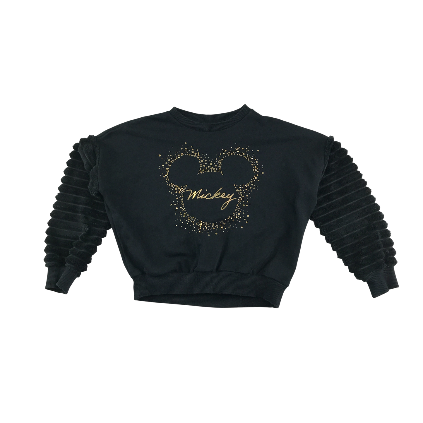 F&F Jumper 8-9 Years Black Mickey Mouse Pattern with Faux Fur Sleeves