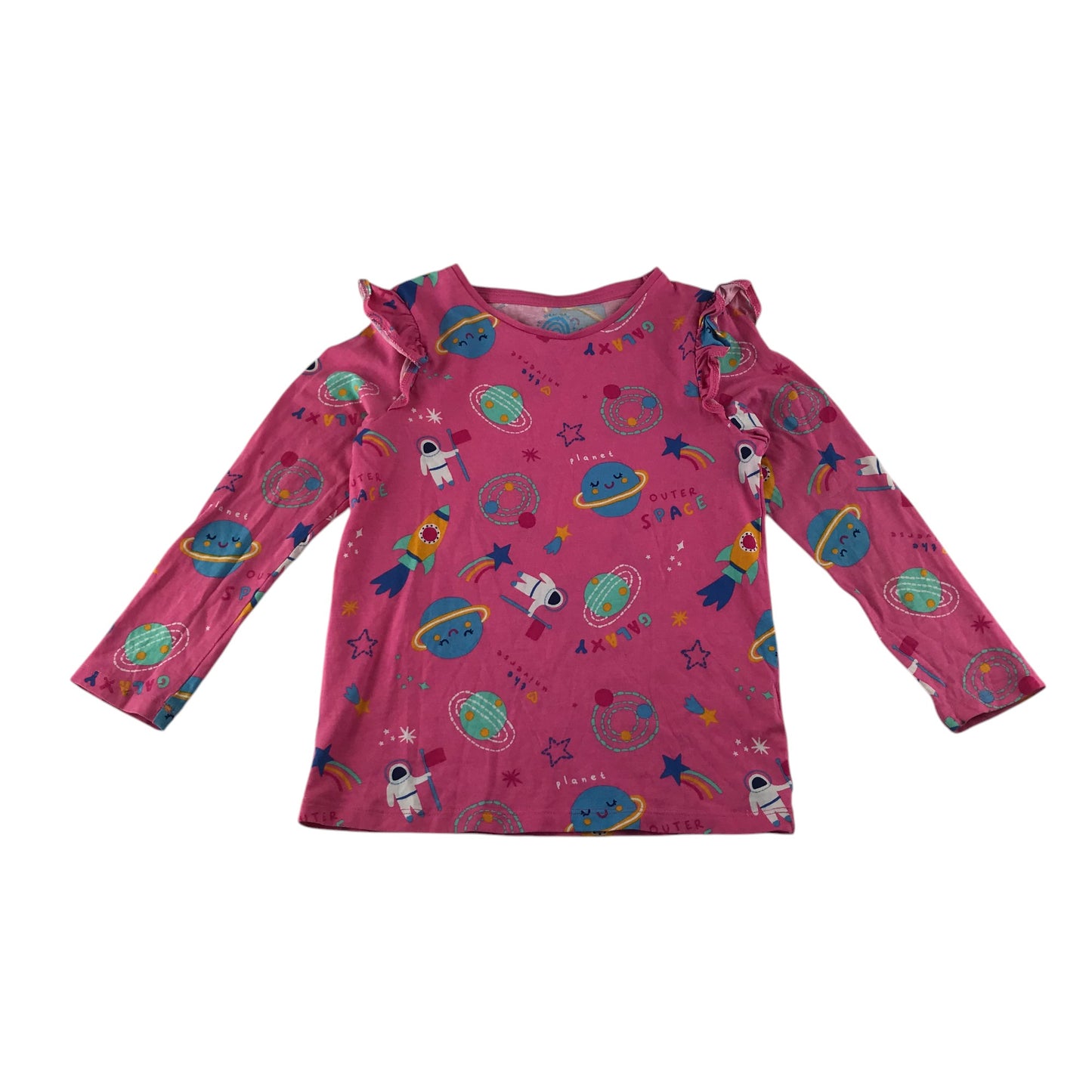 F&F t-shirt 5-6 years pink space themed graphic print with frilled shoulders cotton