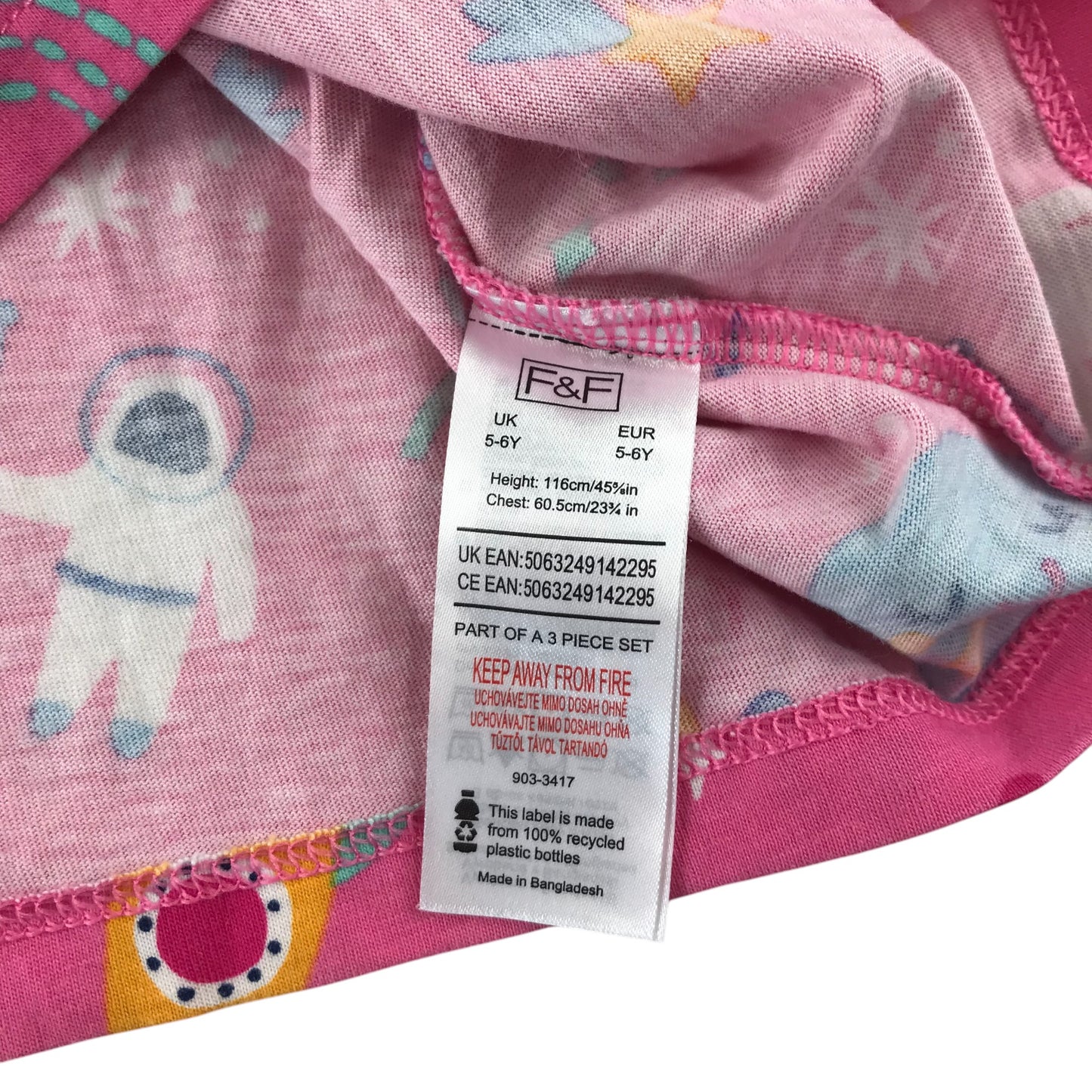 F&F t-shirt 5-6 years pink space themed graphic print with frilled shoulders cotton