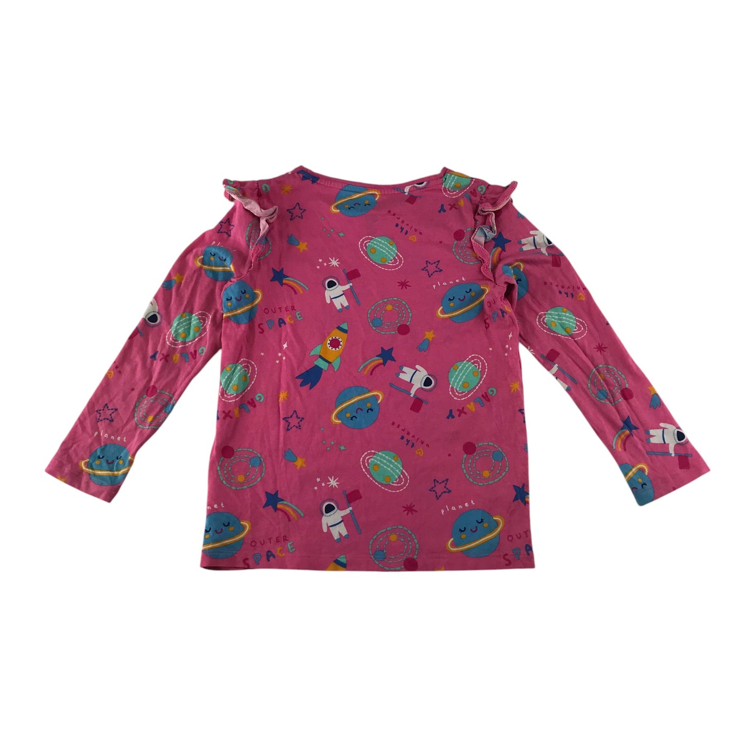 F&F t-shirt 5-6 years pink space themed graphic print with frilled shoulders cotton