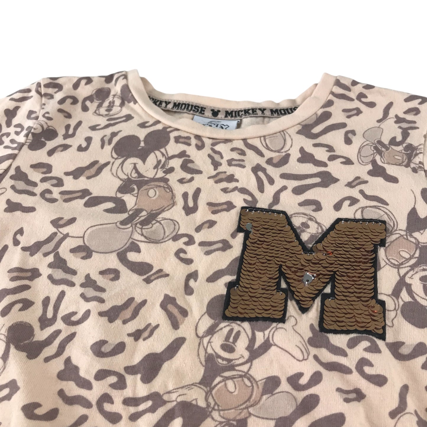 George t-shirt 6-7 years beige animal print Mikey Mouse graphic with sequin letter M