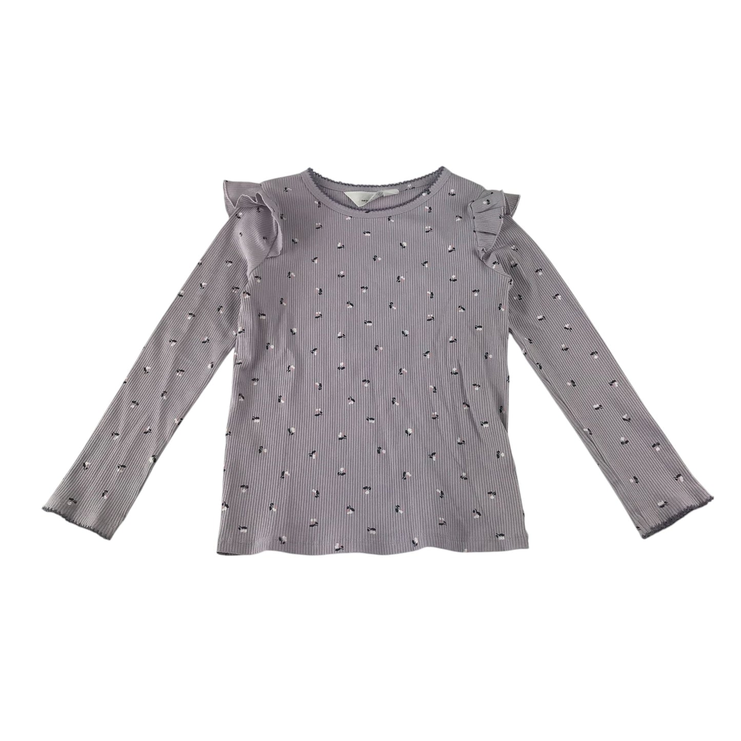 H&M t-shirt 7-8 years purple floral print frilled shoulders cotton