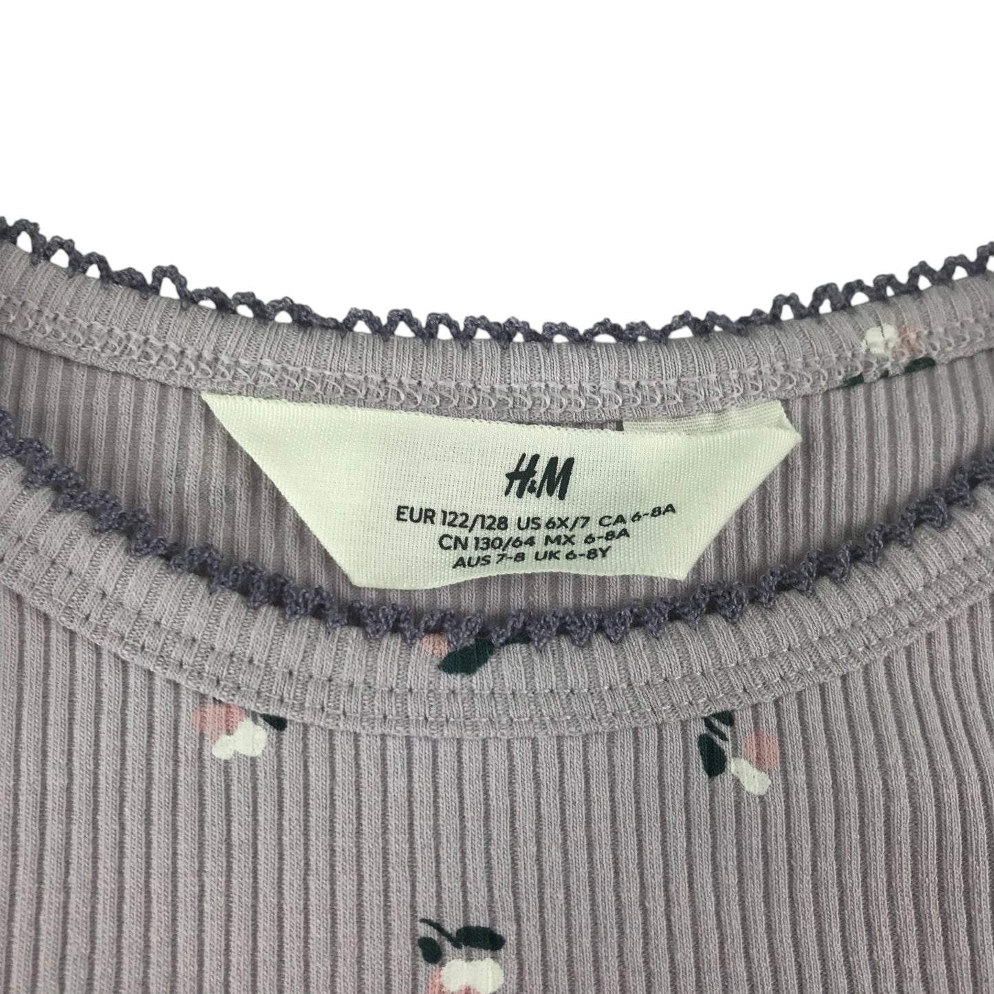 H&M t-shirt 7-8 years purple floral print frilled shoulders cotton