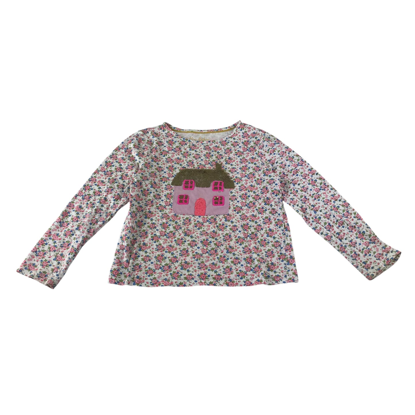 Mini Boden t-shirt 9-10 years white floral print with sequin house reversible