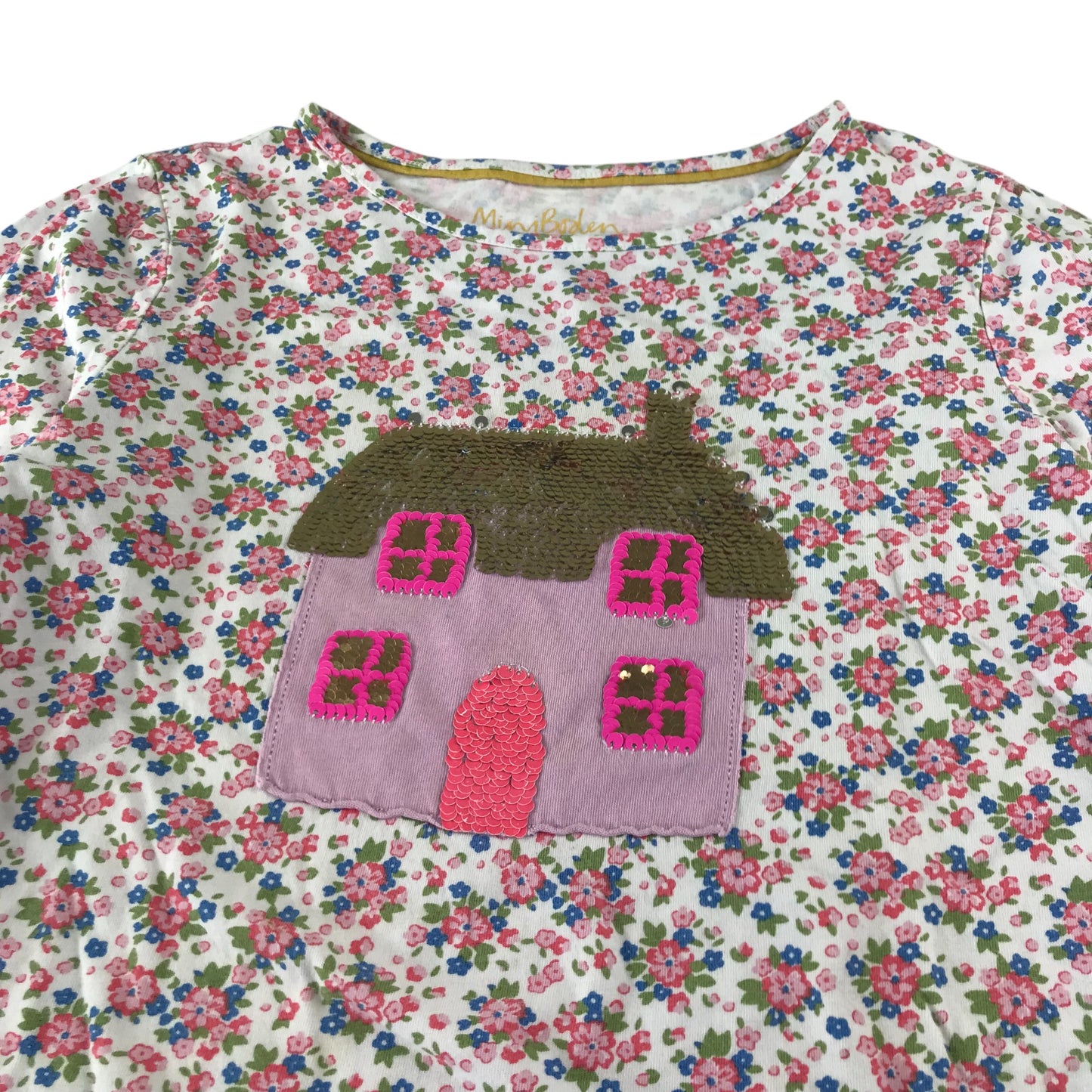 Mini Boden t-shirt 9-10 years white floral print with sequin house reversible
