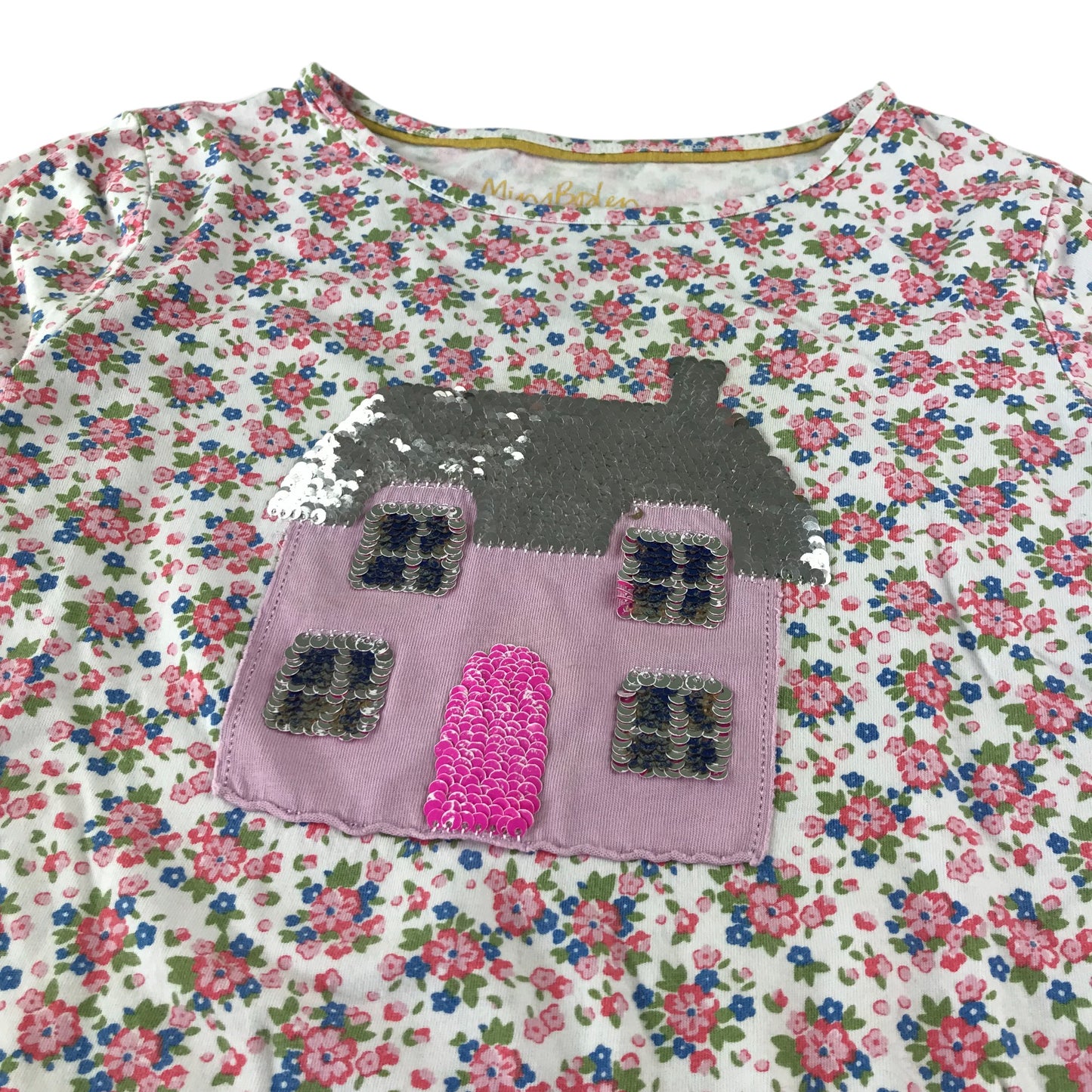 Mini Boden t-shirt 9-10 years white floral print with sequin house reversible