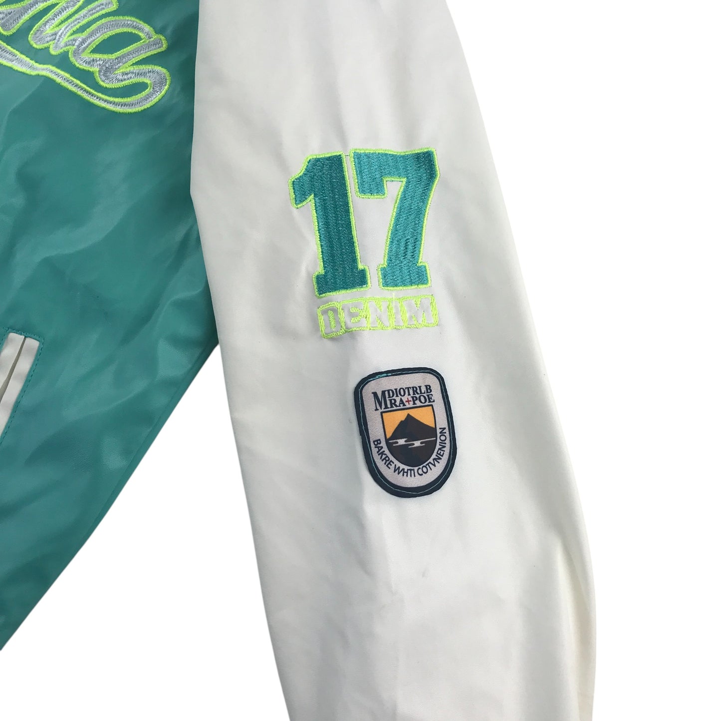 Baseball jacket size women's size M turquoise and white California embroidery faux leather