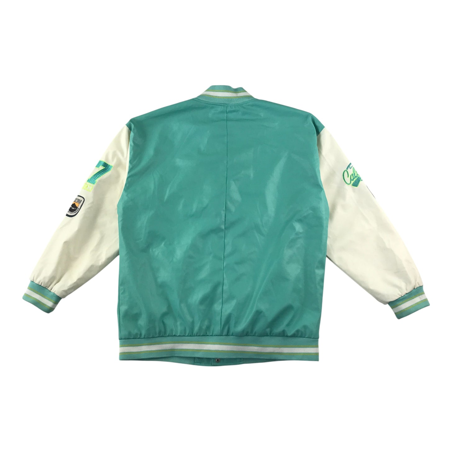 Baseball jacket size women's size M turquoise and white California embroidery faux leather