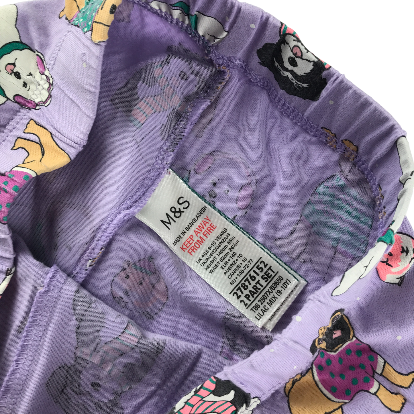 M&S Pyjama Set 9-10 Years Lilac Dog Pattern Cotton