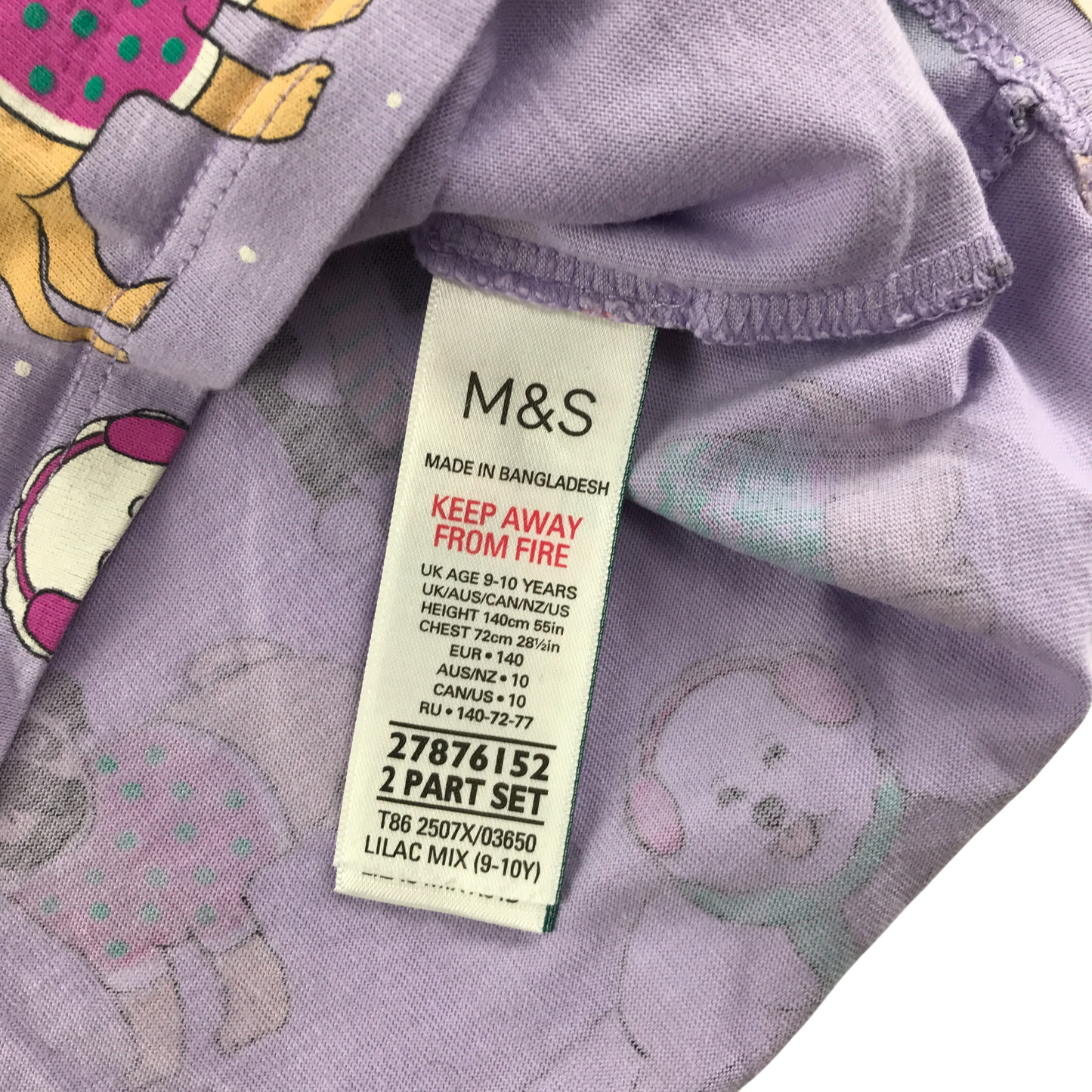 M&S Pyjama Set 9-10 Years Lilac Dog Pattern Cotton