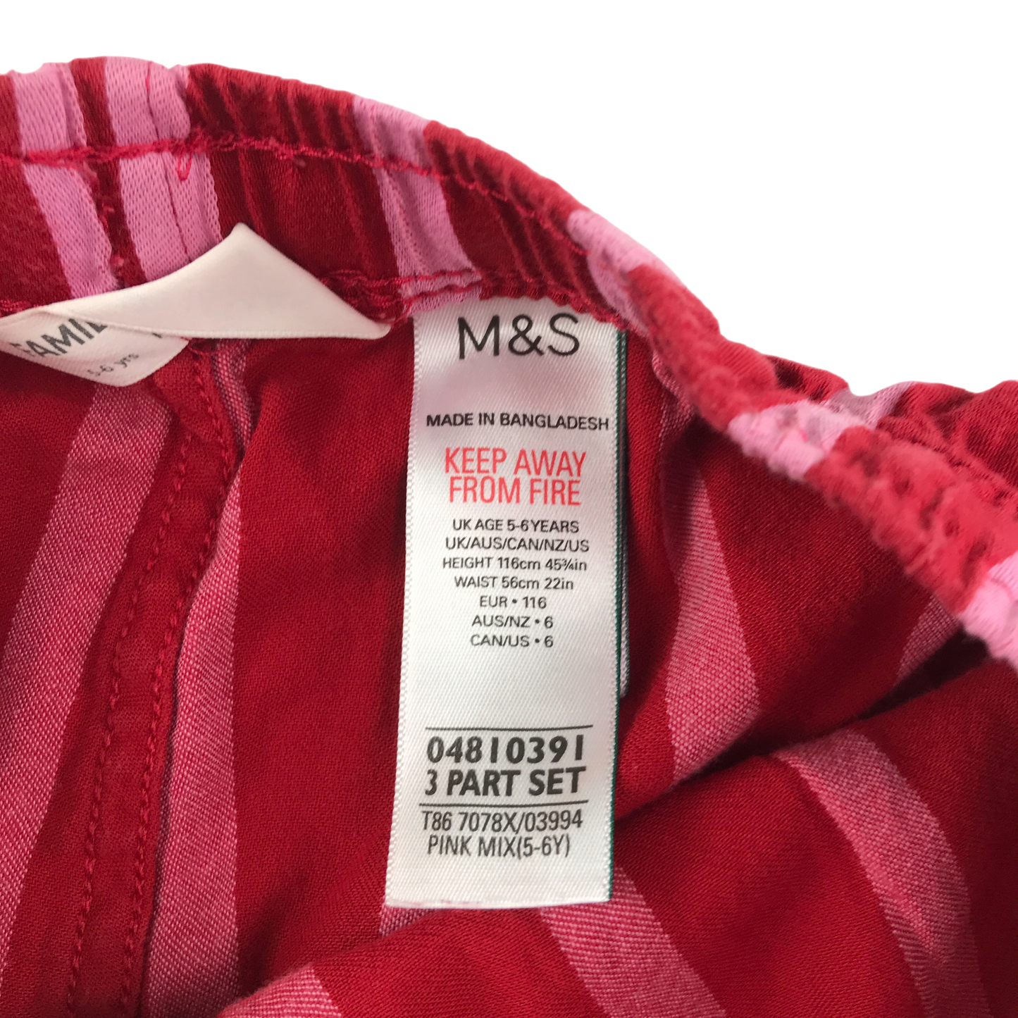M&S Pyjama Set 5-6 Years Red Pink Stripe Cotton