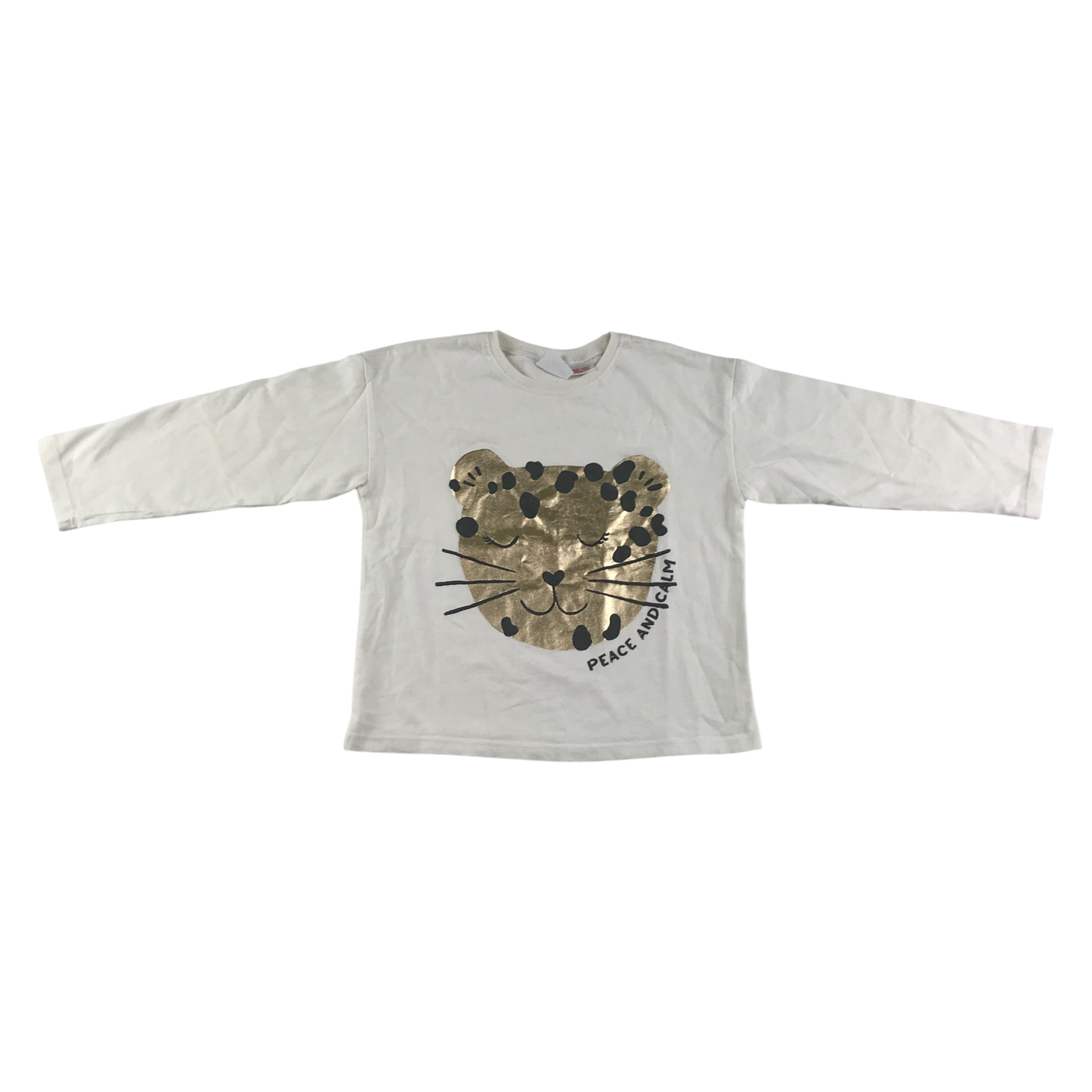Zara T-Shirt 4-5 Years White with Gold Cat Pattern Long Sleeve