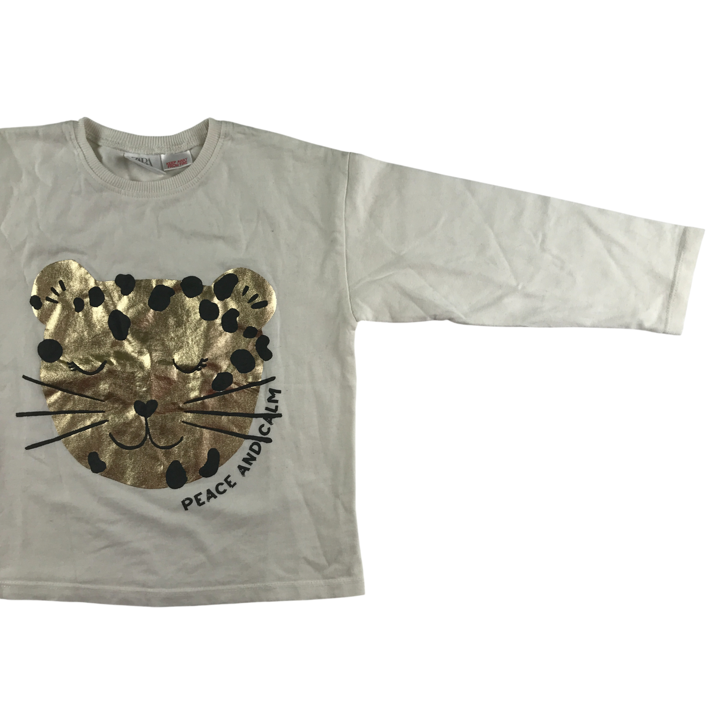 Zara T-Shirt 4-5 Years White with Gold Cat Pattern Long Sleeve