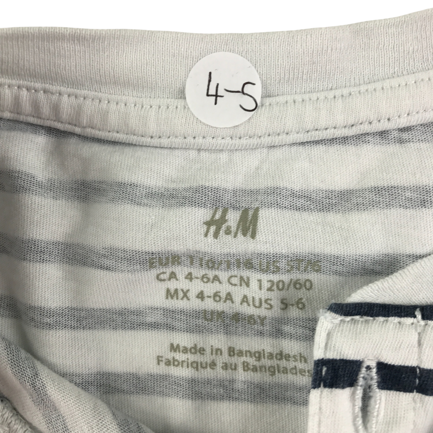 H&M T-Shirt 4-5 Years White Stripes Henley Long Sleeve Cotton