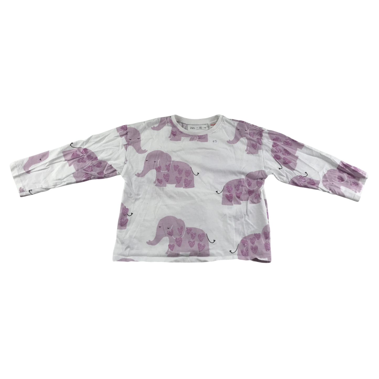 Zara T-Shirt 4-5 Years White Long Sleeve Glittery Elephant Pattern Cotton
