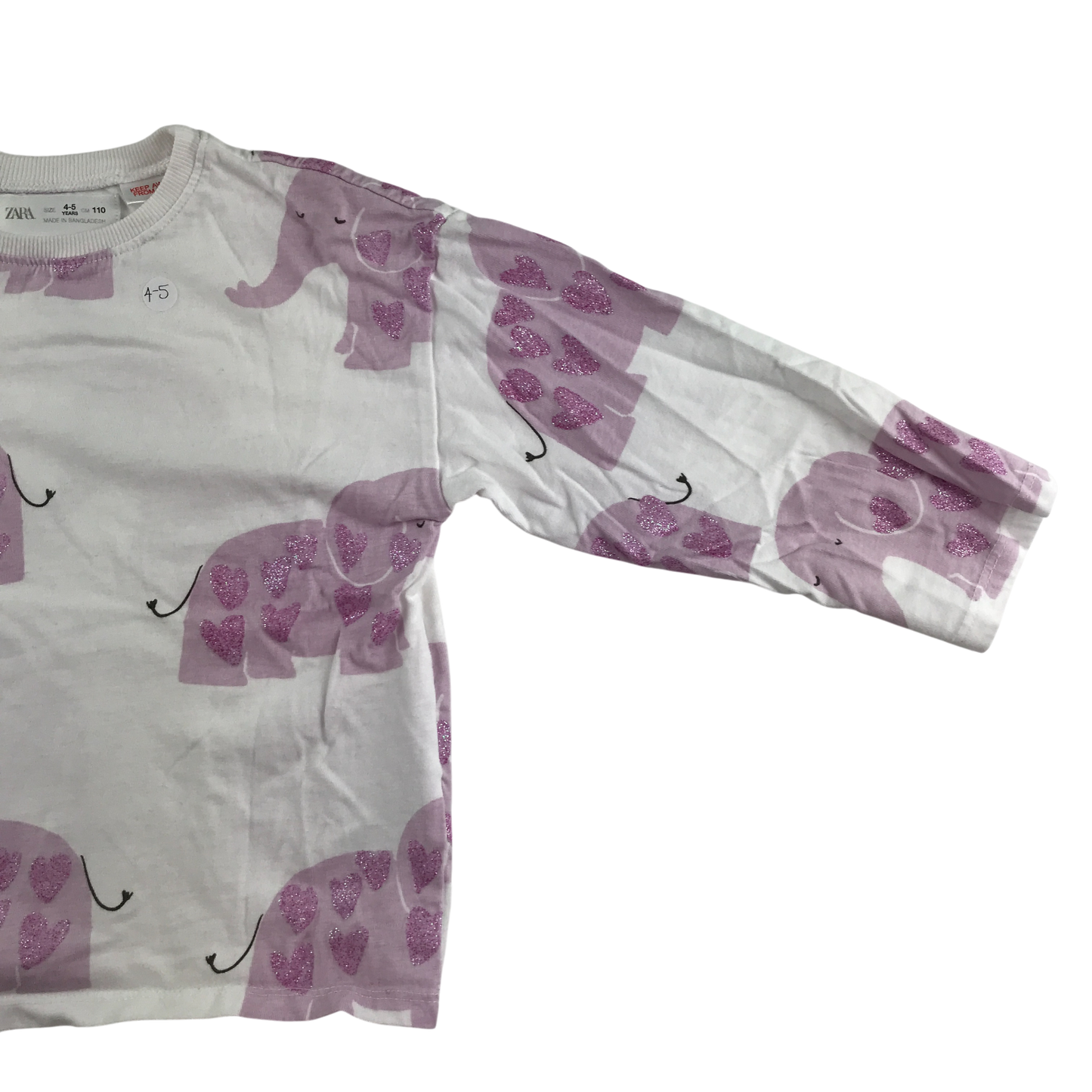 Zara T-Shirt 4-5 Years White Long Sleeve Glittery Elephant Pattern Cotton