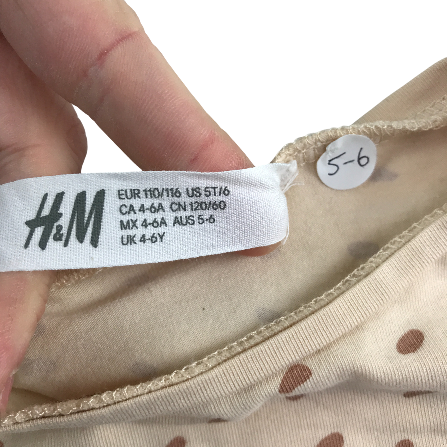 H&M T-Shirt 5-6 Years Beige Polka Dot Print Long Sleeve Cotton
