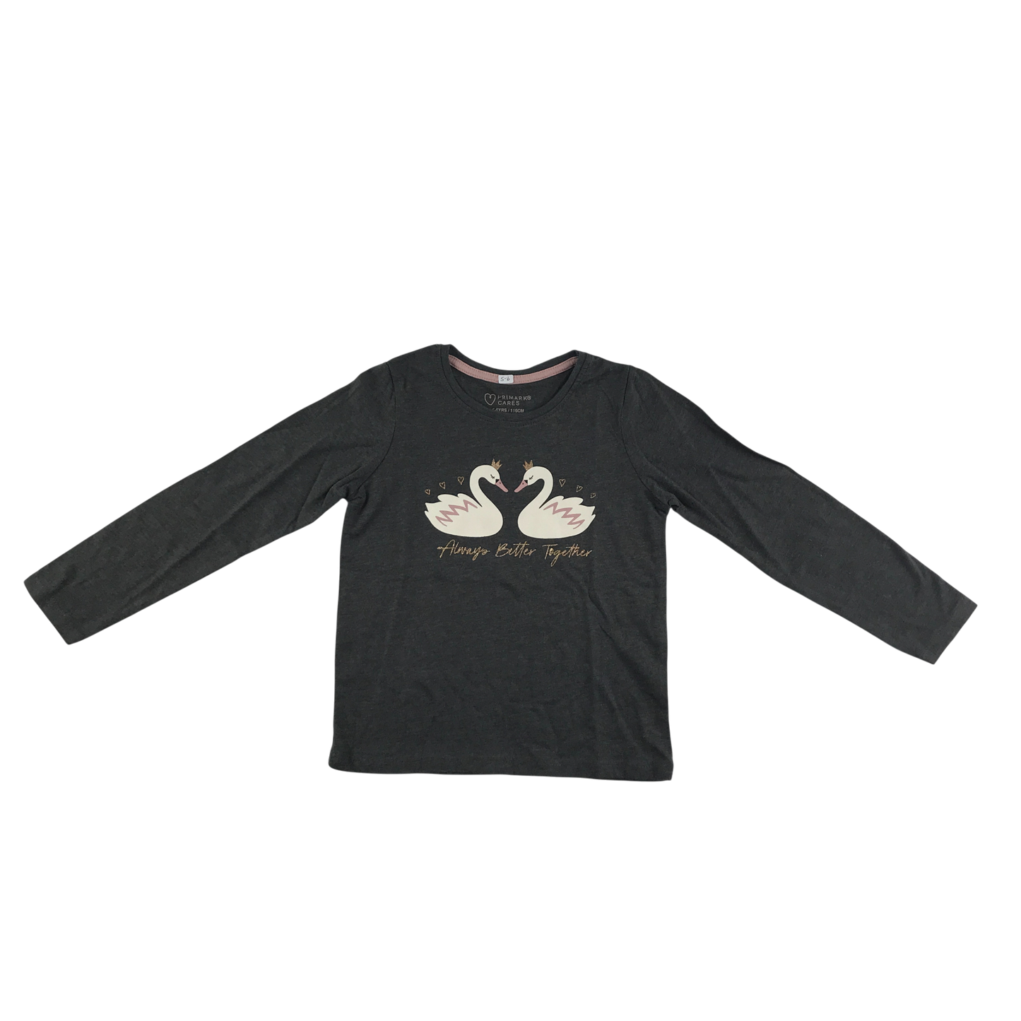 Primark T-Shirt 5-6 Years Dark Grey Swan Print Long Sleeve