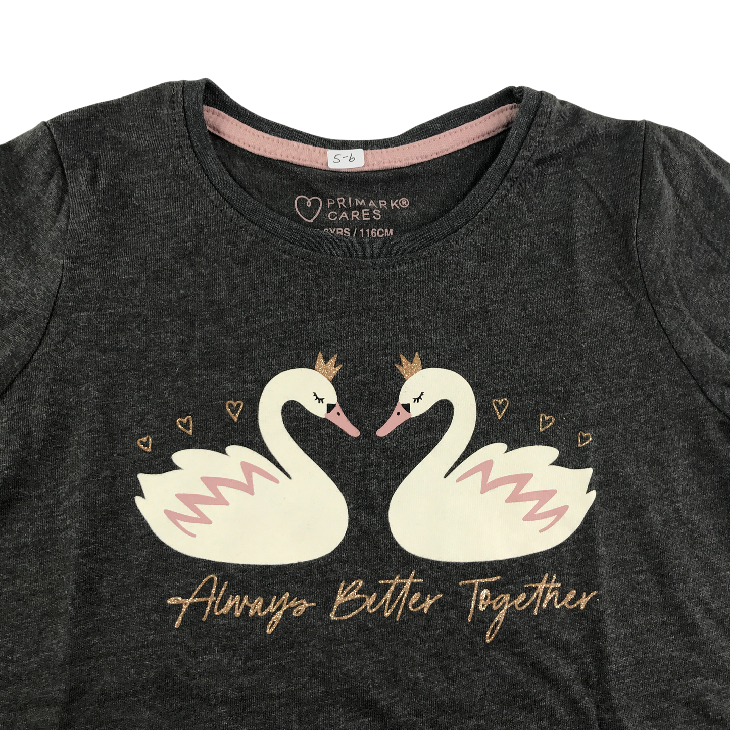 Primark T-Shirt 5-6 Years Dark Grey Swan Print Long Sleeve