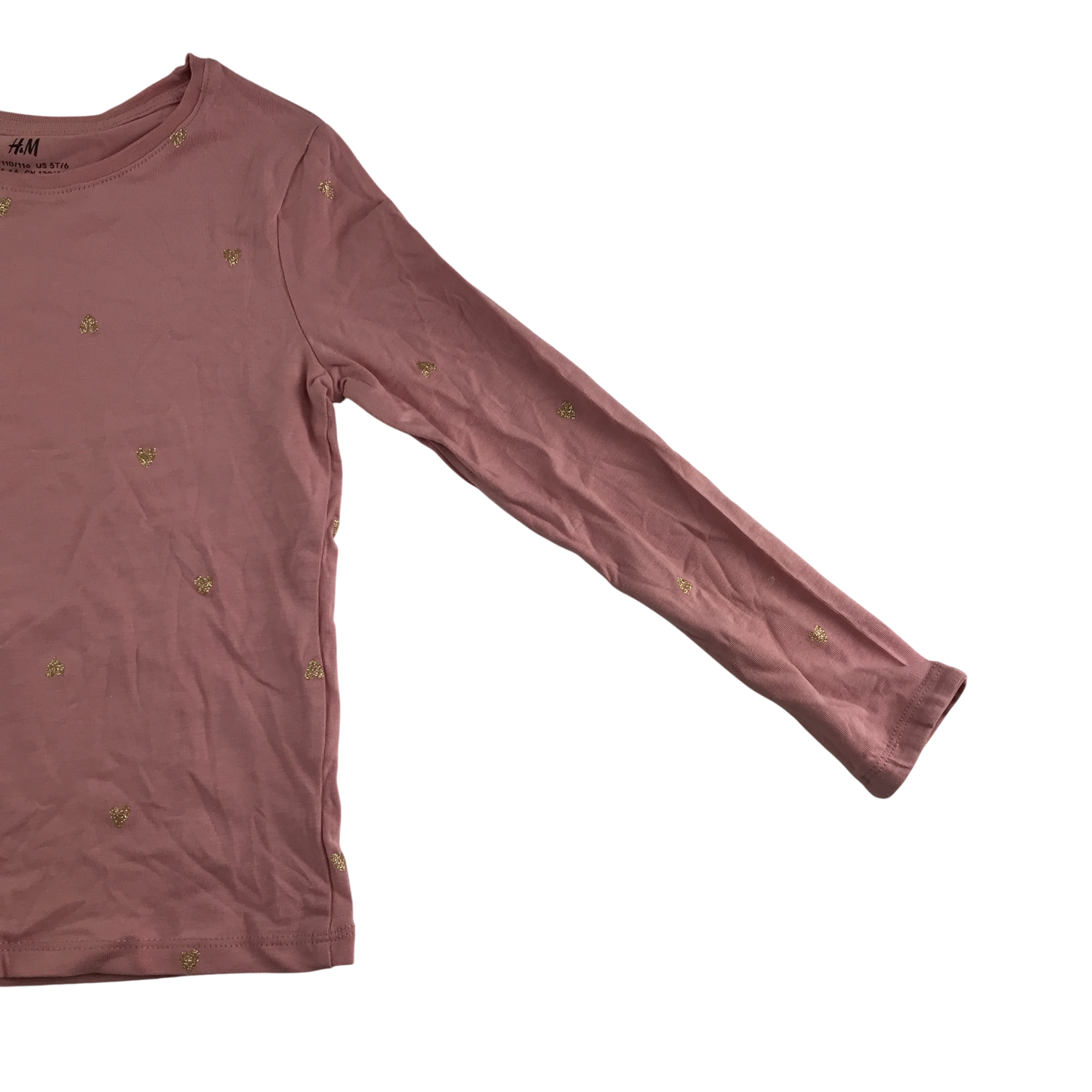 H&M T-Shirt 5-6 Years Pink with Gold Heart Print Long Sleeve Cotton