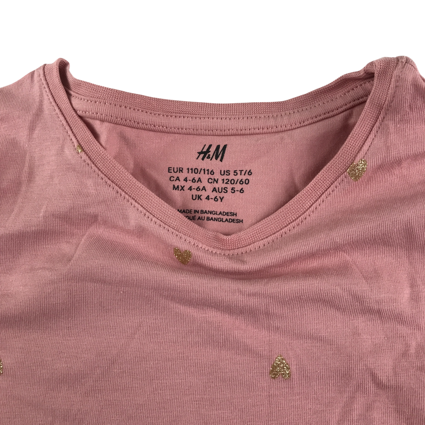 H&M T-Shirt 5-6 Years Pink with Gold Heart Print Long Sleeve Cotton