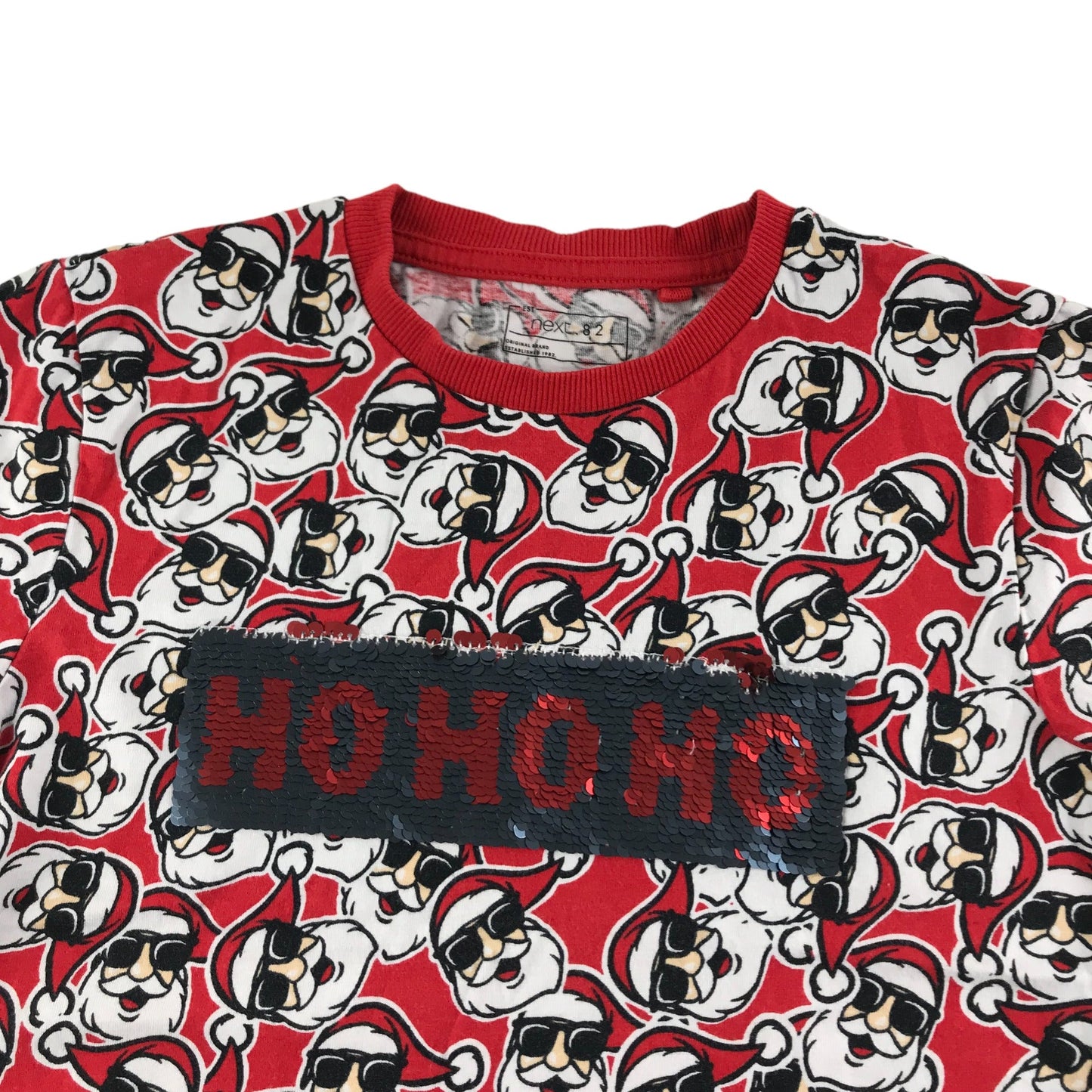 Next Christmas T-Shirt Red Santa Face Print Ho Ho Ho Sequin Text Short Sleeve