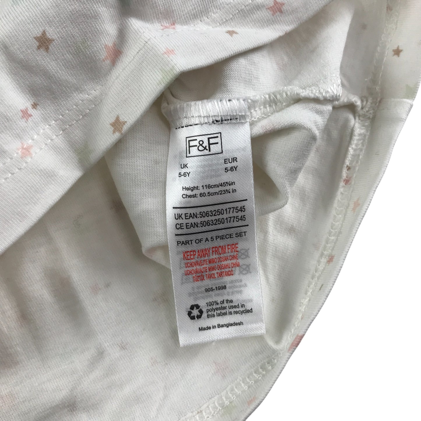 F&F T-Shirt 5-6 Years White Starry Pattern Cotton