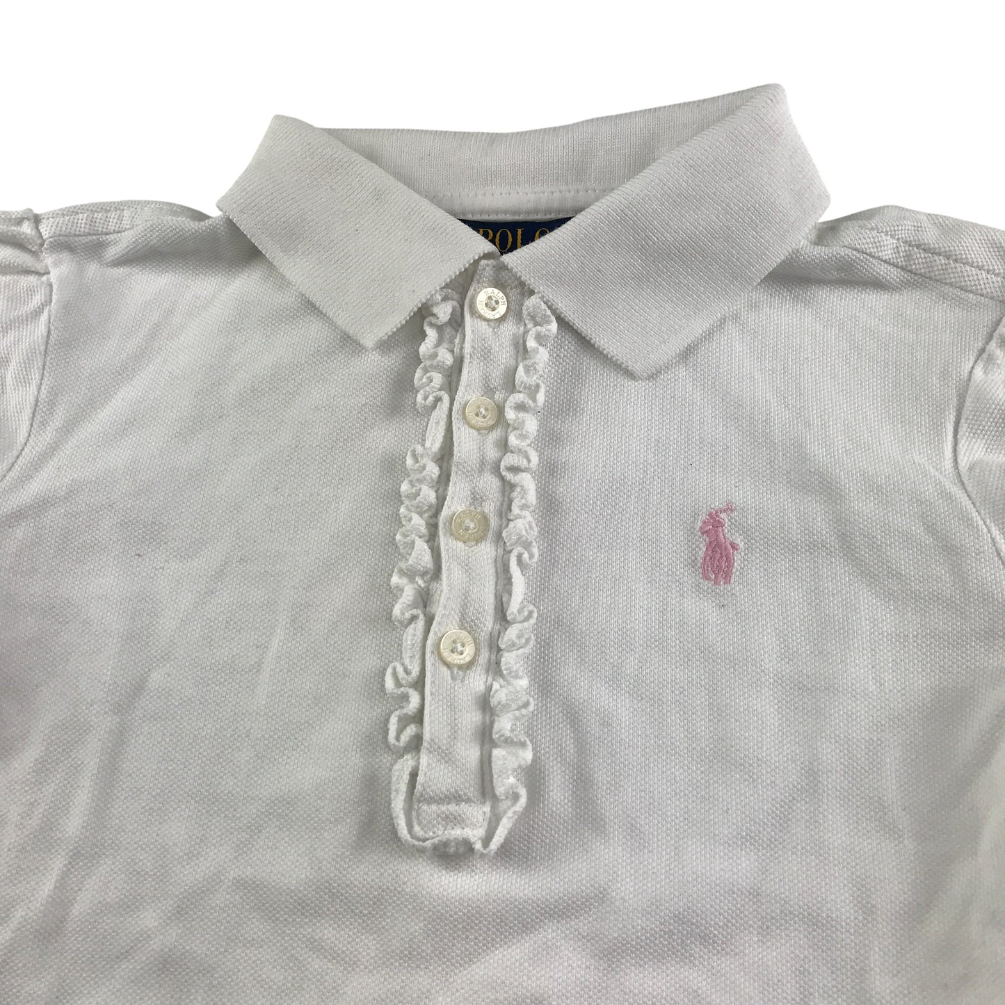 Ralph Lauren Polo Shirt 5-6 Years White with Frilled Collar and Pink Embroidered Logo Cotton
