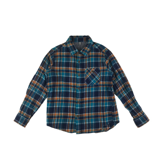 Uniqlo Shirt Age 7 Blue and Orange Checked Flannel Button Up Cotton