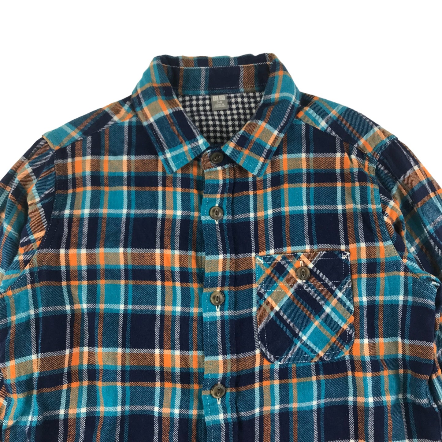 Uniqlo Shirt Age 7 Blue and Orange Checked Flannel Button Up Cotton