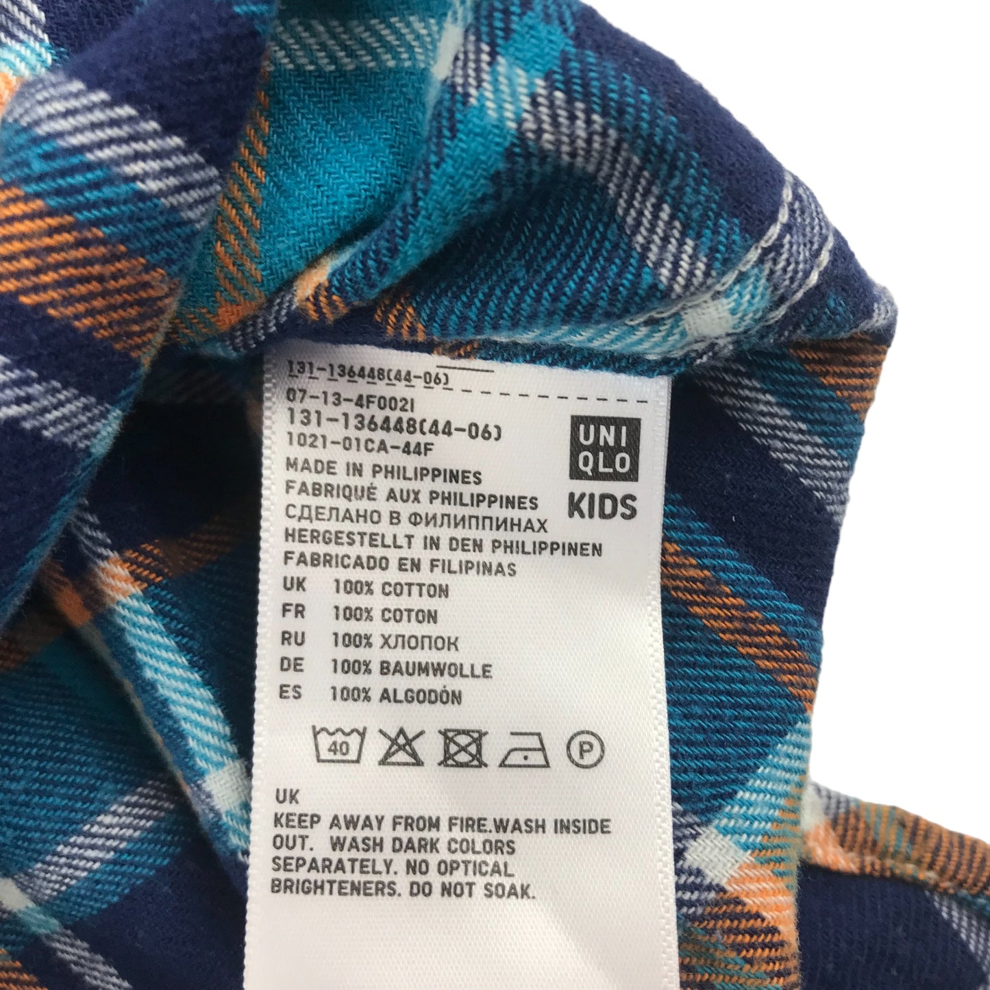 Uniqlo Shirt Age 7 Blue and Orange Checked Flannel Button Up Cotton