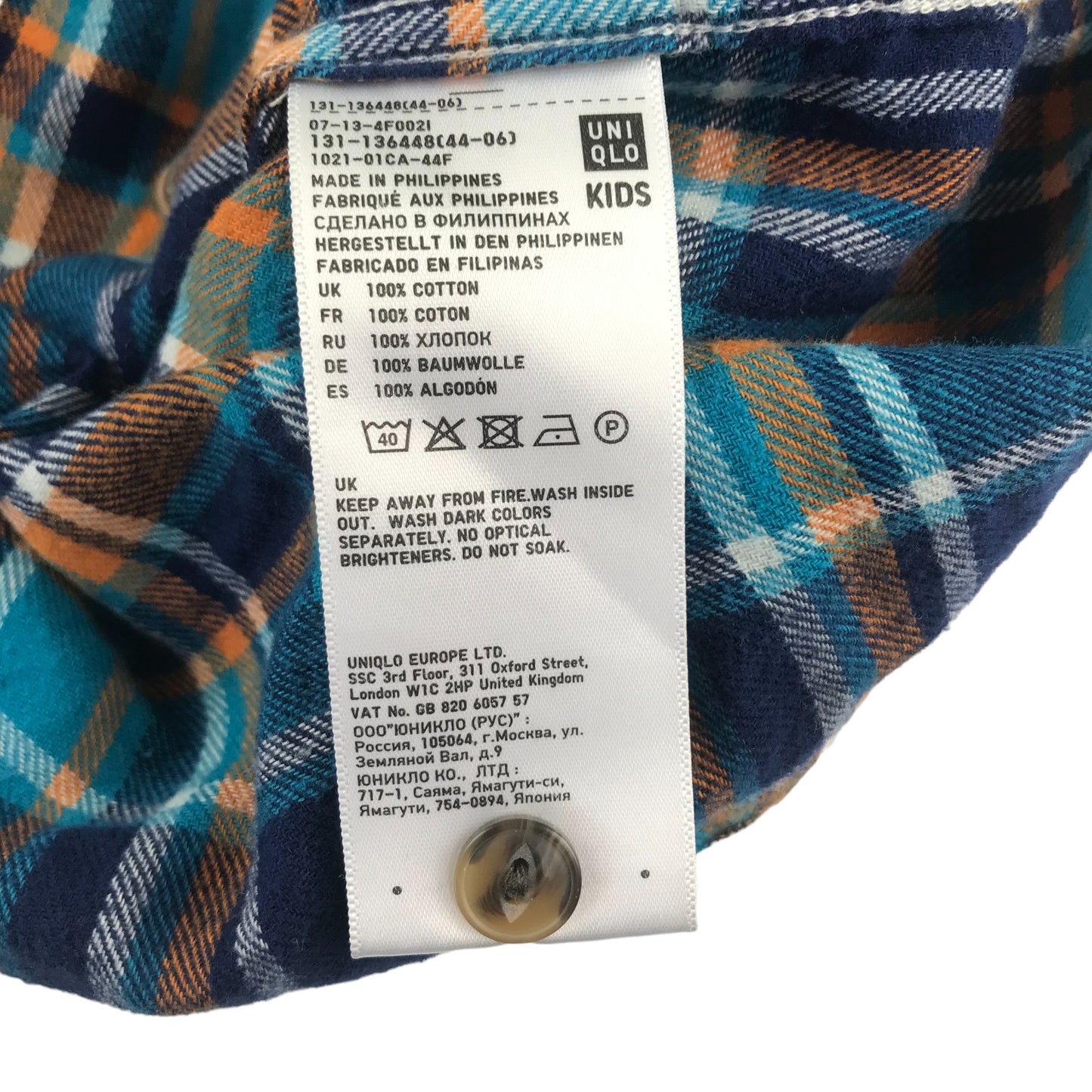 Uniqlo Shirt Age 7 Blue and Orange Checked Flannel Button Up Cotton