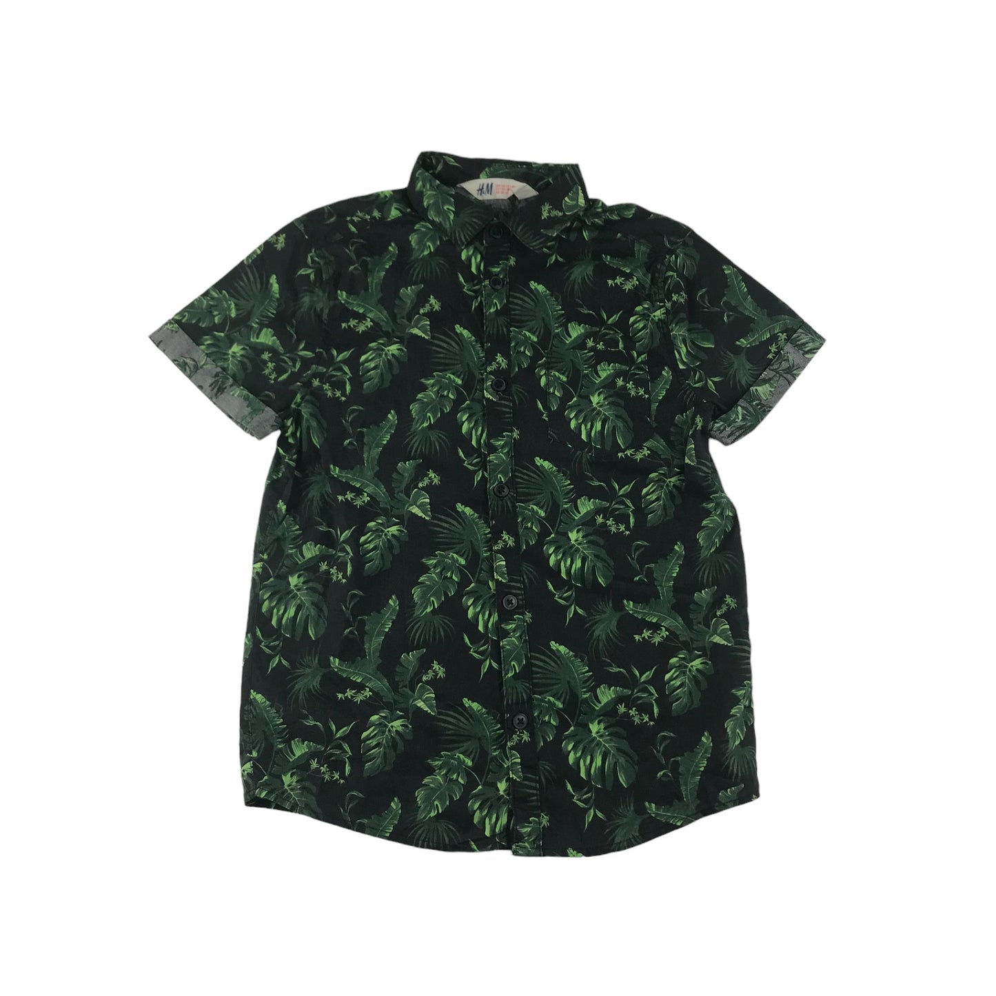 H&M Shirt Age 7-8 Green Leafy Print Pattern Cotton