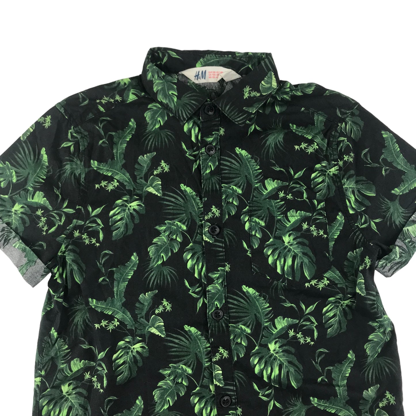 H&M Shirt Age 7-8 Green Leafy Print Pattern Cotton