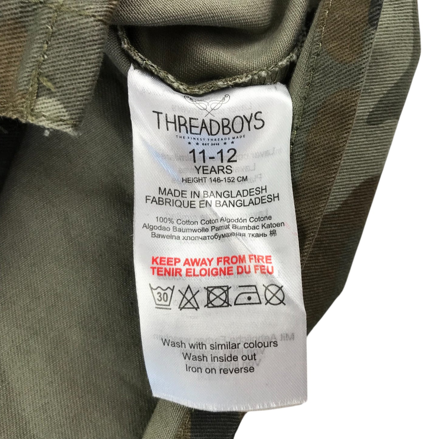 Threadboys shirt 11-12 years khaki green camouflage pattern cotton