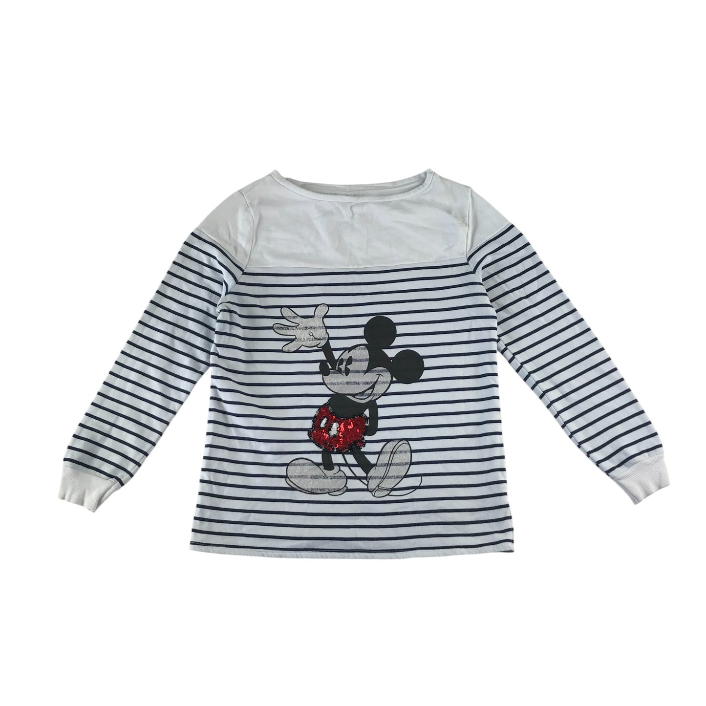 George sweater women's S white with black strips glittery sequin Mikey Mouse cotton