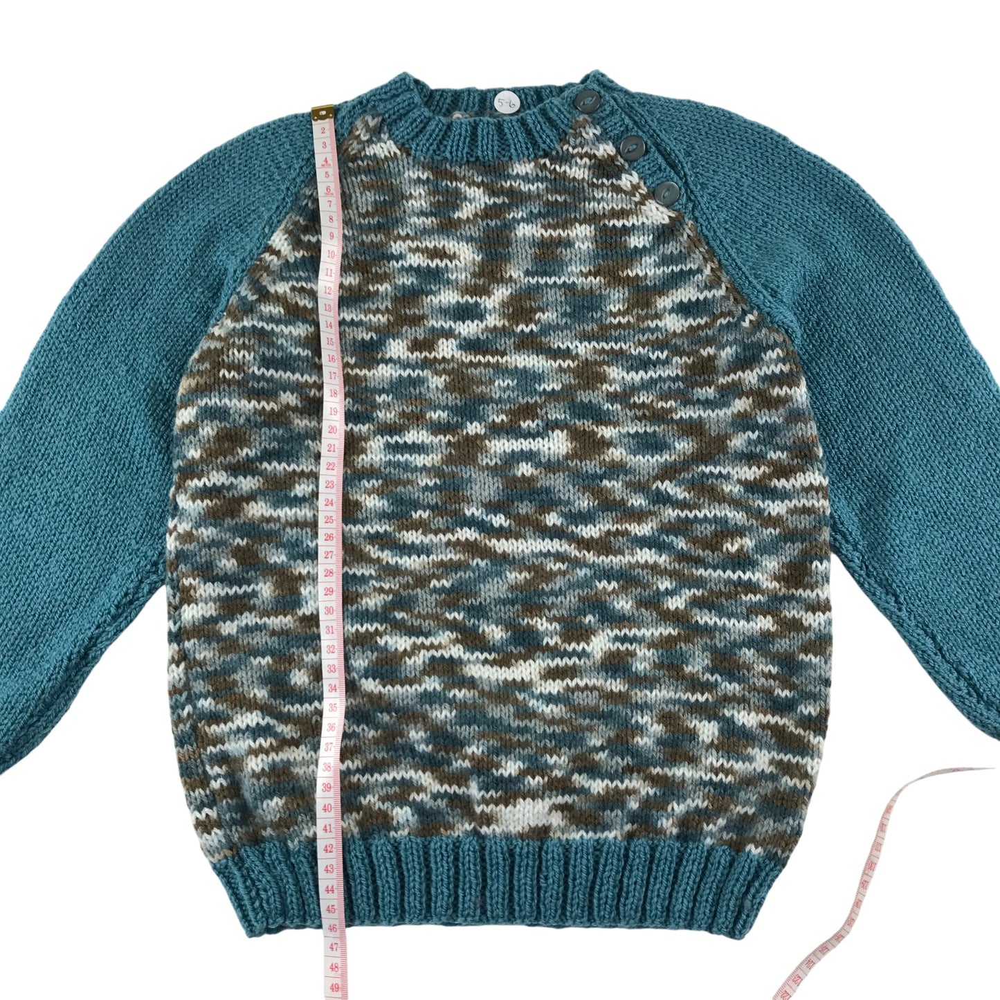 Handknitted jumper 5-6 years teal white and brown pattern