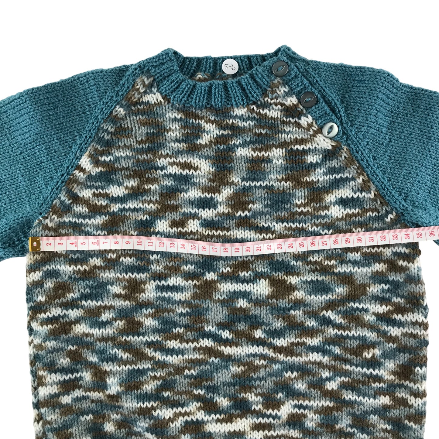 Handknitted jumper 5-6 years teal white and brown pattern